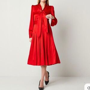 Worthington Long Sleeved Bow Neckline Silky Red Berry Belted Dress